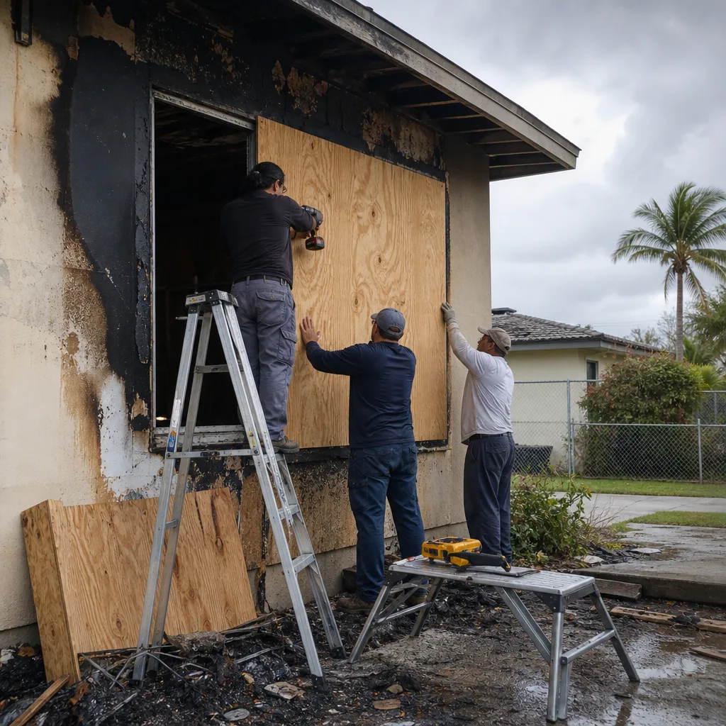 Workers performing professional fire and smoke damage restoration on a residential home.