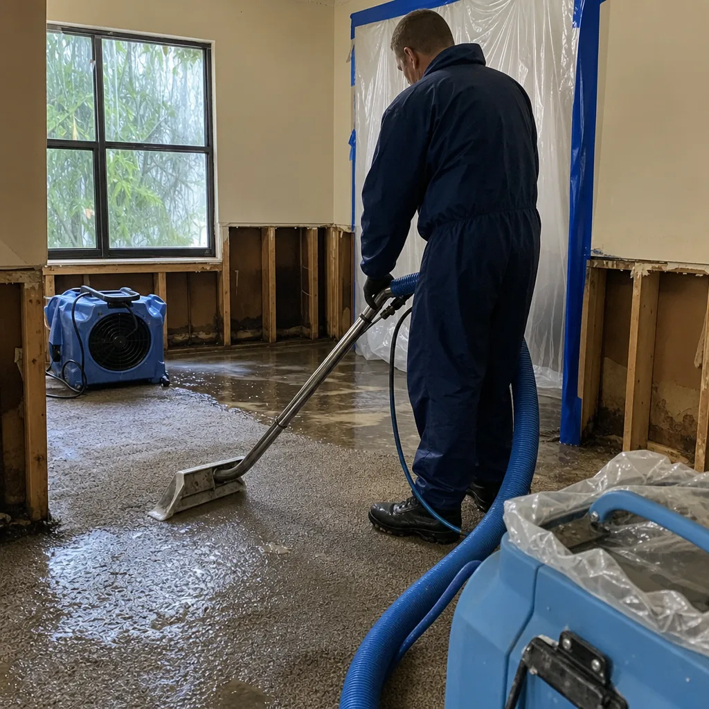 Water damage restoration professional using carpet extraction equipment in a flooded room