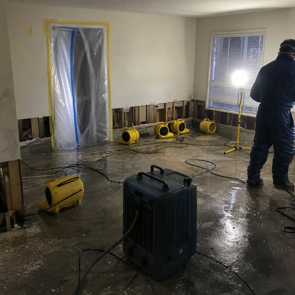 Water damage restoration professional using industrial drying equipment in a residential room